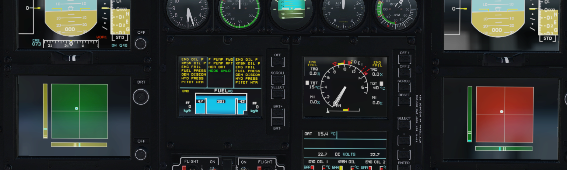 Example of double control gauges. Co-pilot is in control at stick, pedals and collective are ready for take over by co-pilot.