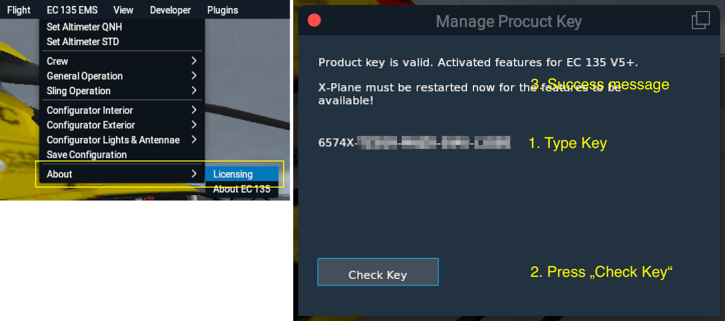 Menu entry and "Manage License Key" window.